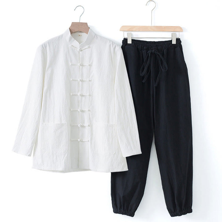 Buddha Stones Meditation Frog-Button Tang Long Sleeve Shirt Pants Men's Suit - White Shirt&Black Pant - US/UK/AU44，EU54 (4XL) - image 19