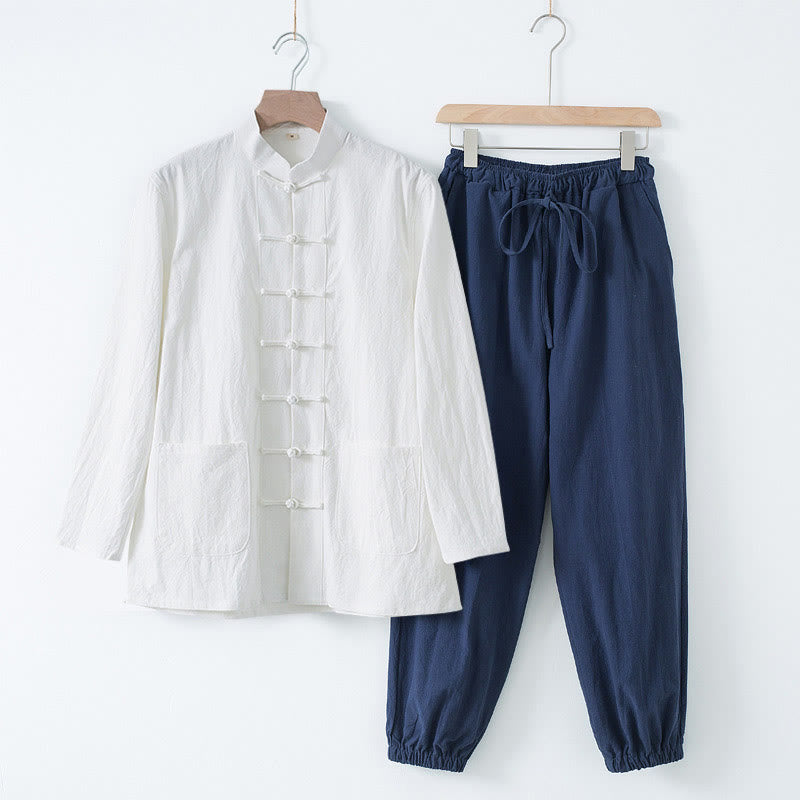 Buddha Stones Meditation Frog-Button Tang Long Sleeve Shirt Pants Men's Suit - White Shirt&DarkBlue Pant - US/UK/AU44，EU54 (4XL) - image 21