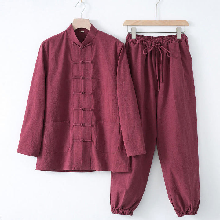 Buddha Stones Meditation Frog-Button Tang Long Sleeve Shirt Pants Men's Suit - Maroon Shirt&Maroon Pant - US/UK/AU44，EU54 (4XL) - image 14