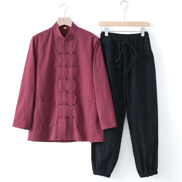 Buddha Stones Meditation Frog-Button Tang Long Sleeve Shirt Pants Men's Suit - Maroon Shirt&Black Pant - US/UK/AU44，EU54 (4XL) - image 23