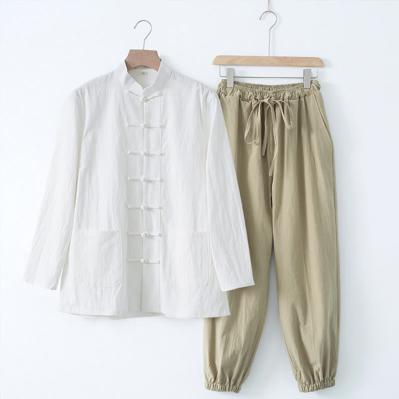 Buddha Stones Meditation Frog-Button Tang Long Sleeve Shirt Pants Men's Suit - White Shirt&Tan Pant - US/UK/AU44，EU54 (4XL) - image 18