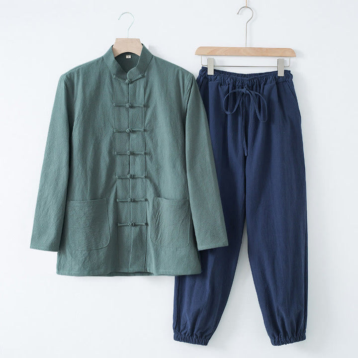 Buddha Stones Meditation Frog-Button Tang Long Sleeve Shirt Pants Men's Suit - CadetBlue Shirt&DarkBlue Pant - US/UK/AU44，EU54 (4XL) - image 25