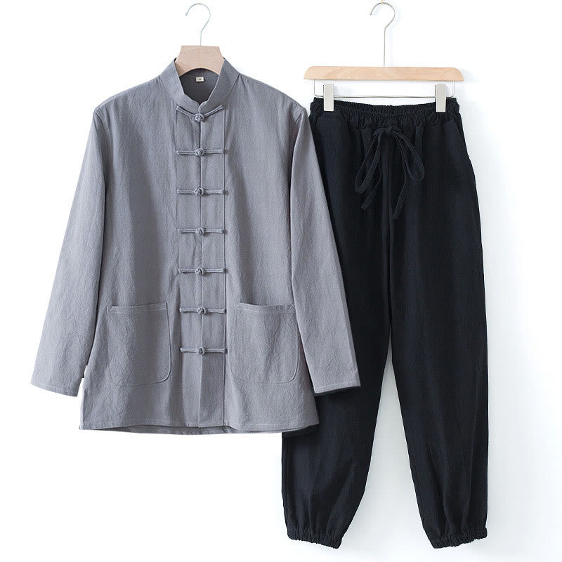 Buddha Stones Meditation Frog-Button Tang Long Sleeve Shirt Pants Men's Suit - image 27