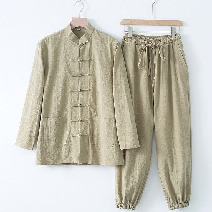 Buddha Stones Meditation Frog-Button Tang Long Sleeve Shirt Pants Men's Suit - Tan Shirt&Tan Pant - US/UK/AU44，EU54 (4XL) - image 15