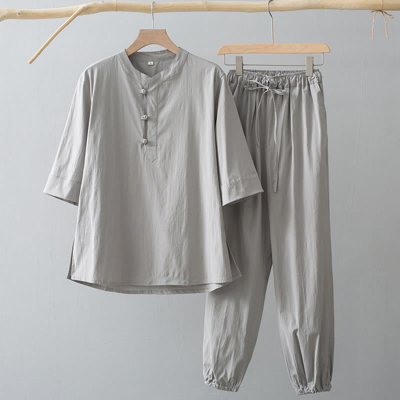 Buddha Stones Frog-Button Three Quarter Sleeve Shirt Pants Men's Suit - Gainsboro Shirt&Gainsboro Pant - US/UK/AU44，EU54 (4XL) - image 2