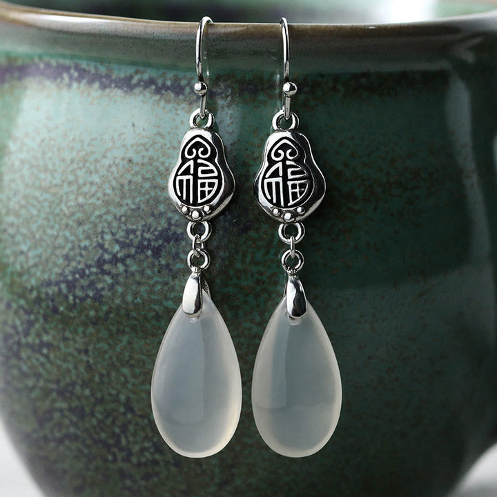 Buddha Stones 925 Sterling Silver Posts Natural Chalcedony Fu Character Positive Harmony Earrings - Chalcedony(925 Sterling Silver Posts) - image 0