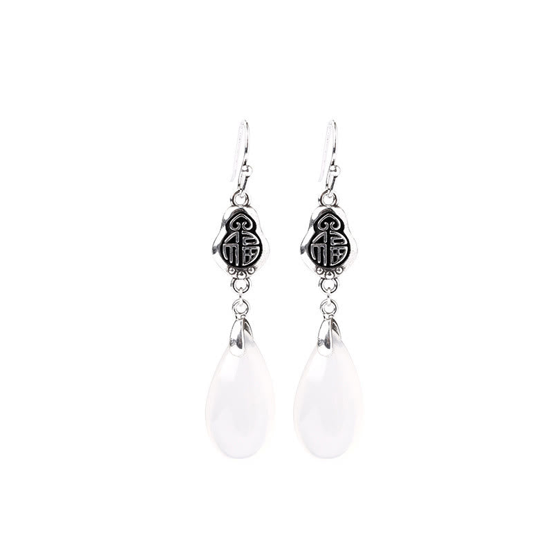 Buddha Stones 925 Sterling Silver Posts Natural Chalcedony Fu Character Positive Harmony Earrings - image 7
