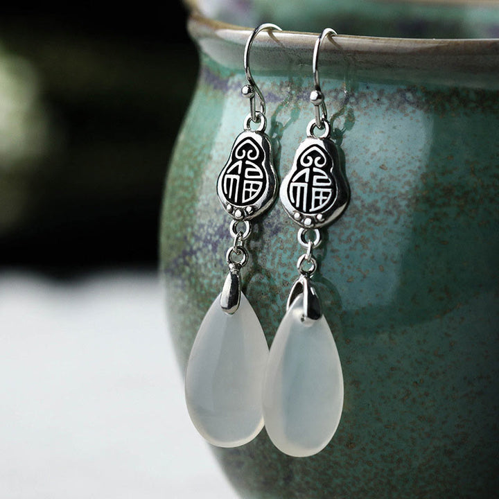 Buddha Stones 925 Sterling Silver Posts Natural Chalcedony Fu Character Positive Harmony Earrings - image 3