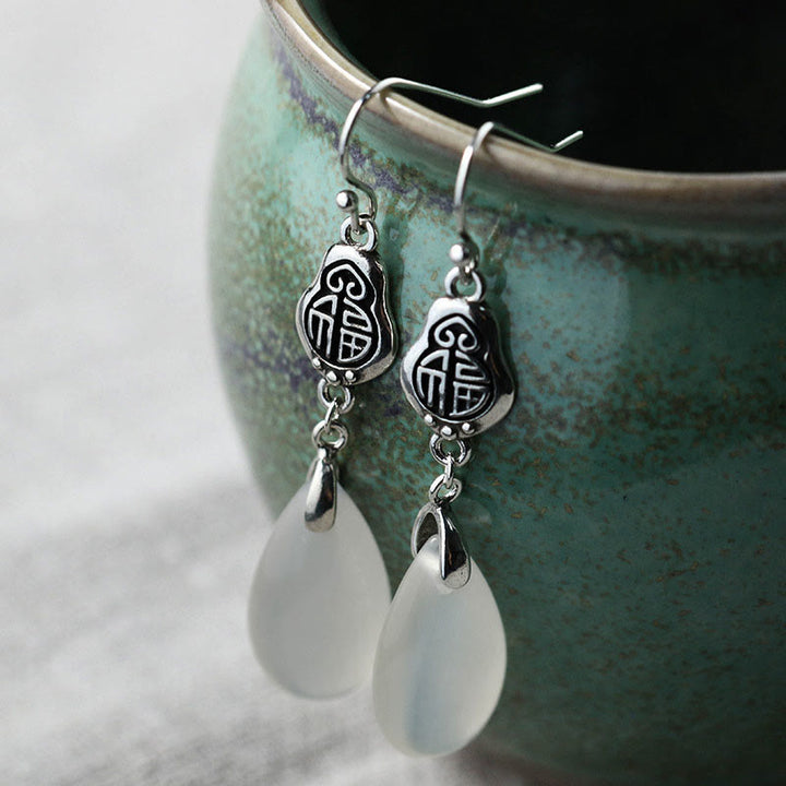 Buddha Stones 925 Sterling Silver Posts Natural Chalcedony Fu Character Positive Harmony Earrings - image 2
