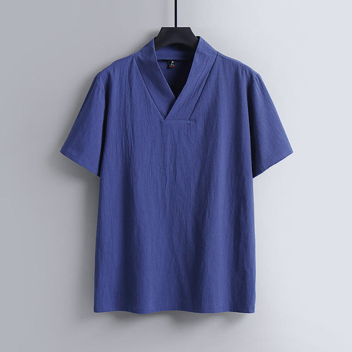 Buddha Stones Loose Men's T-Shirt Solid Color Top Short Sleeve V Collar Breathable Linen Shirt - RoyalBlue - US/UK/AU54，EU64 (9XL) - image 3