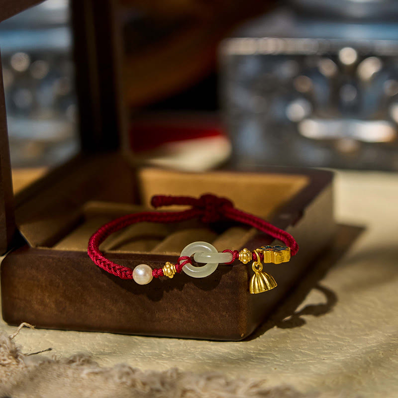 Buddha Stones Hetian Jade Lotus Peace Buckle Braided Rope Fortune Bracelet - image 2