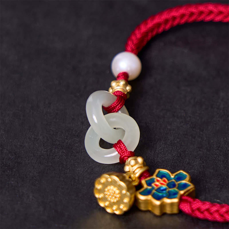 Buddha Stones Hetian Jade Lotus Peace Buckle Braided Rope Fortune Bracelet - image 3
