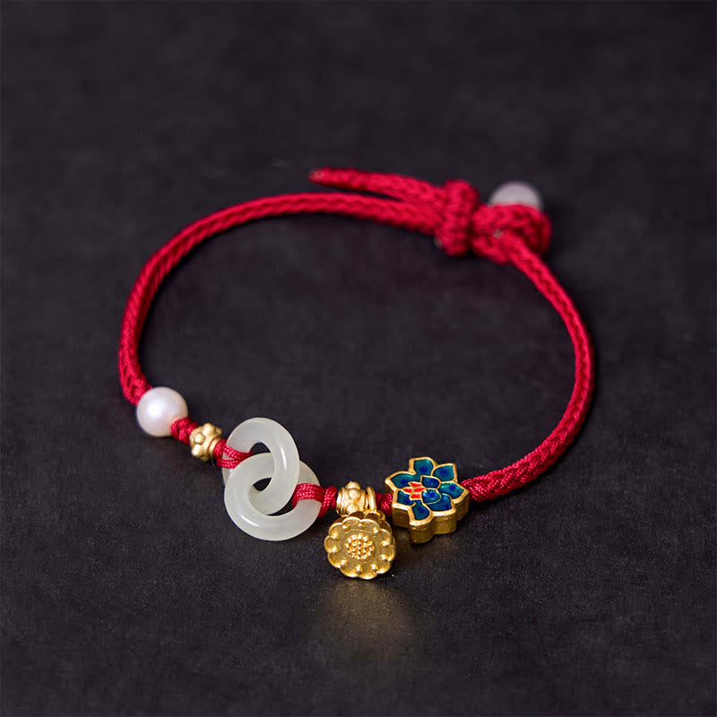 Buddha Stones Hetian Jade Lotus Peace Buckle Braided Rope Fortune Bracelet - image 1