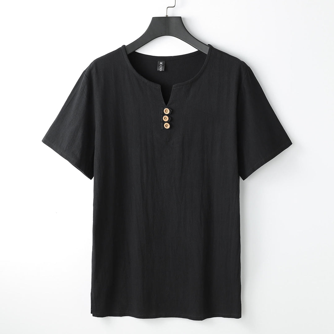 Buddha Stones Men's T-Shirt Solid Color Top Short Sleeve Three-button V Collar Soft Shirt - Black - US/UK/AU54，EU64 (9XL) - image 10