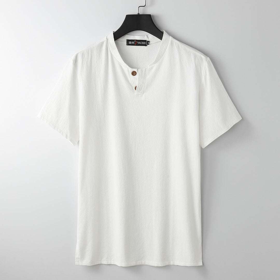 Buddha Stones Loose Men's T-shirt Solid Color Top Short Sleeve Button Notched Neck Soft Shirt - White - US/UK/AU54，EU64 (9XL) - image 0