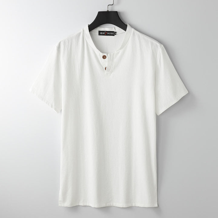 Buddha Stones Loose Men's T-shirt Solid Color Top Short Sleeve Button Notched Neck Soft Shirt - White - US/UK/AU54，EU64 (9XL) - image 0