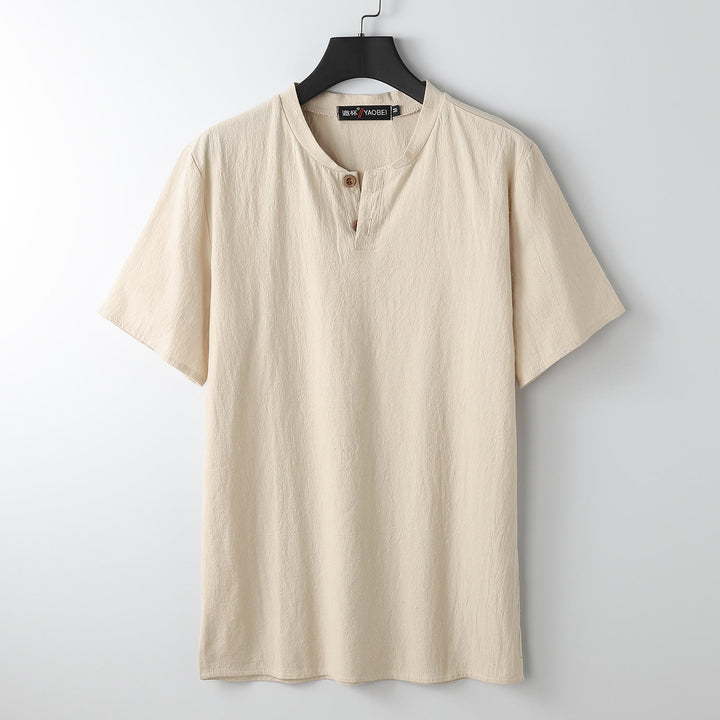 Buddha Stones Loose Men's T-shirt Solid Color Top Short Sleeve Button Notched Neck Soft Shirt - Moccasin - US/UK/AU54，EU64 (9XL) - image 8