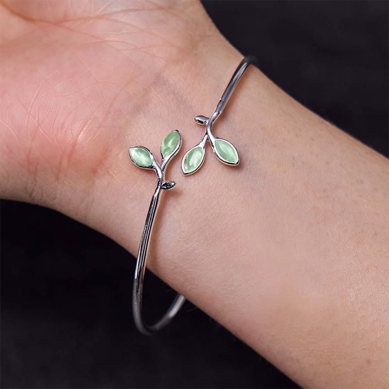 Buddha Stones Leaf Pattern Cat Eye Support Cuff Bracelet Bangle - image 5