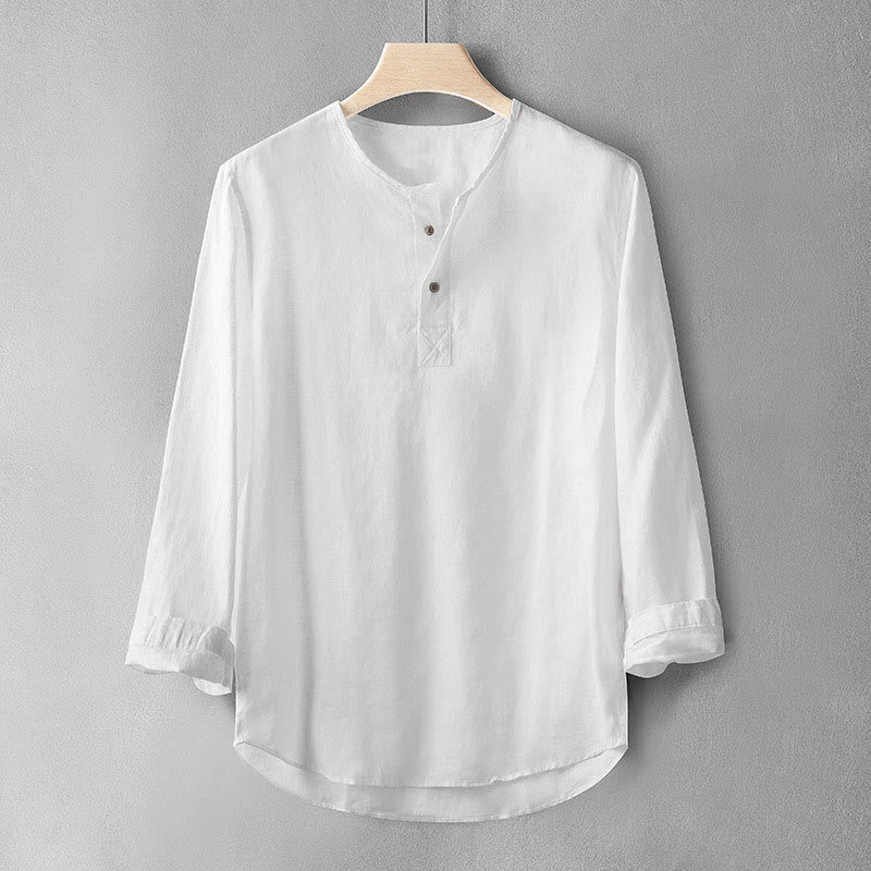 Buddha Stones Solid Color Long Sleeve Button Shirt Linen Men Clothing - White - US/UK/AU42，EU52 (3XL) - image 1