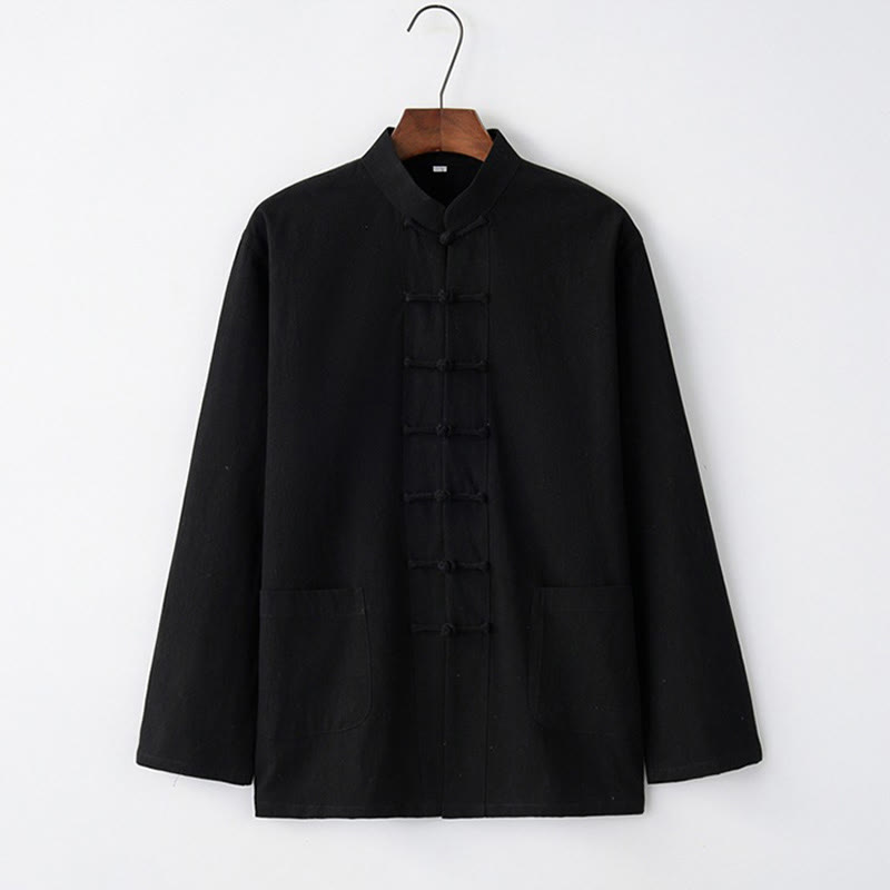 Buddha Stones Tang Frog-Button Long Sleeve Shirt Cotton Men's Clothing - Black - US/UK/AU44，EU54 (4XL) - image 2