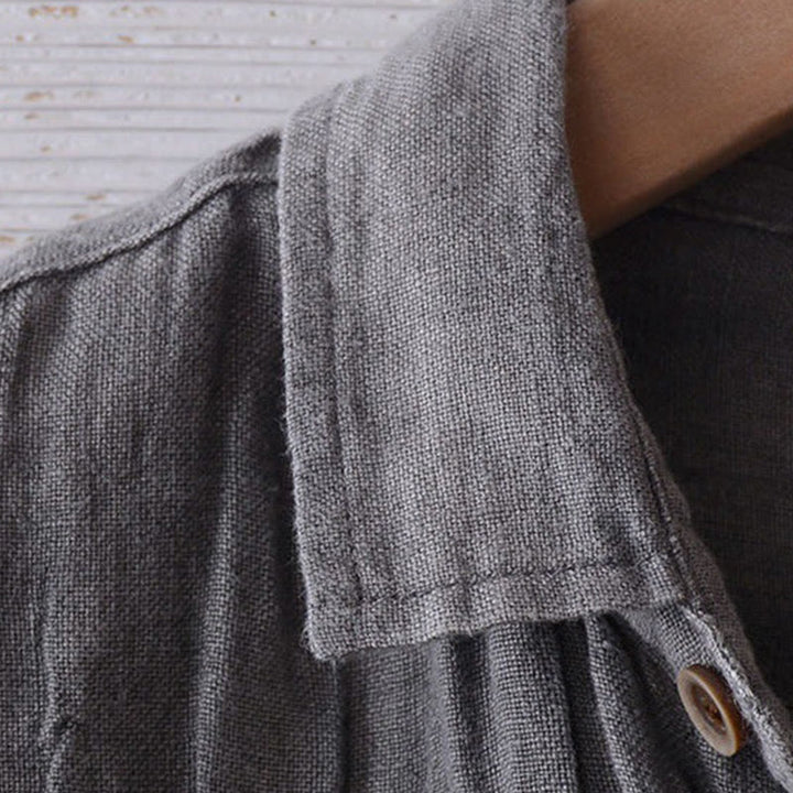 Buddha Stones Men's Shirt Solid Color Lapel Top Long Sleeve Comfy Button Crease Cotton Linen Shirt - image 5