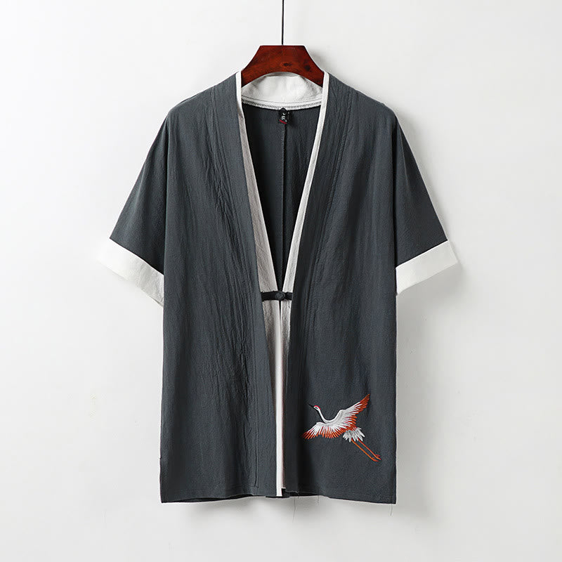 Buddha Stones Fake Two-piece Men's Half Sleeve Cardigan Embroidery Hanfu Comfort Cotton Shirt - Gray - US/UK/AU54，EU64 (9XL) - image 11