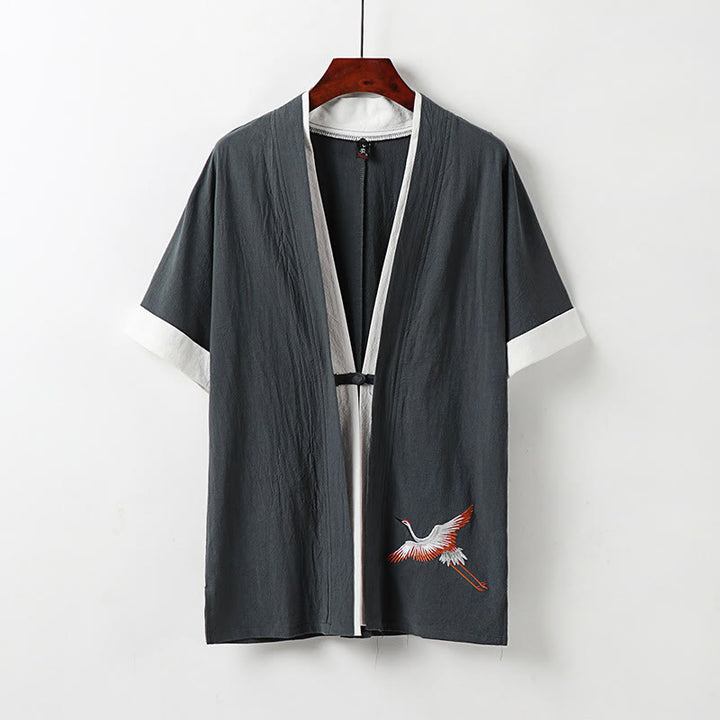 Buddha Stones Fake Two-piece Men's Half Sleeve Cardigan Embroidery Hanfu Comfort Cotton Shirt - Gray - US/UK/AU54，EU64 (9XL) - image 11