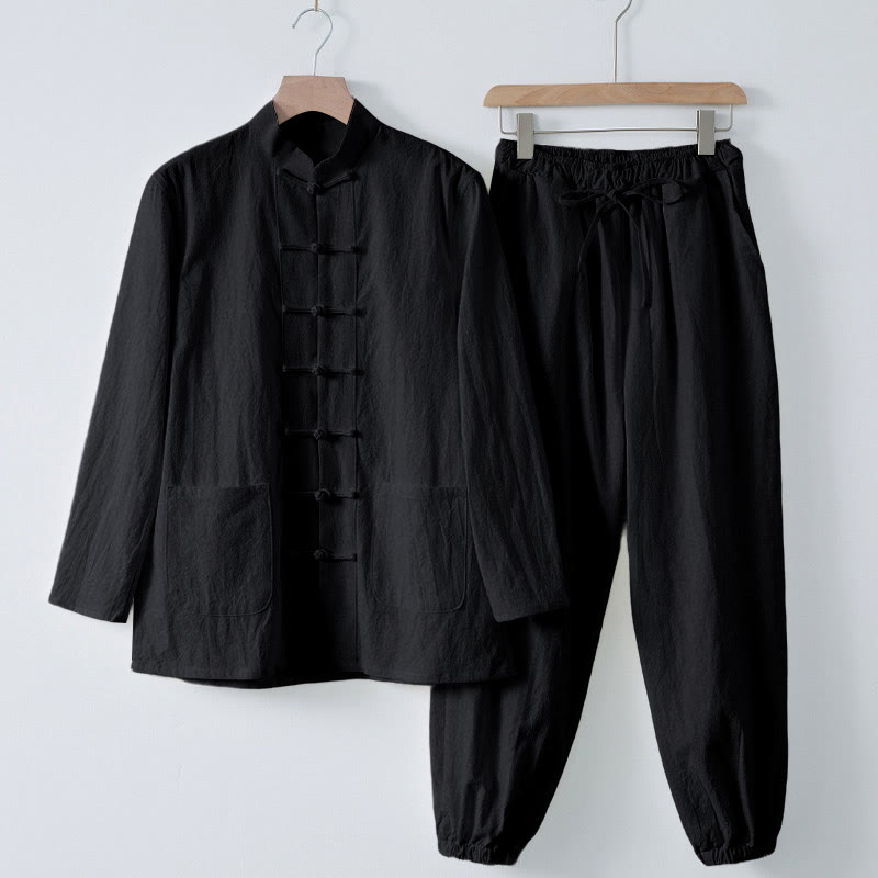 Buddha Stones Meditation Frog-Button Tang Long Sleeve Shirt Pants Men's Suit - Black Shirt&Black Pant - US/UK/AU44，EU54 (4XL) - image 17