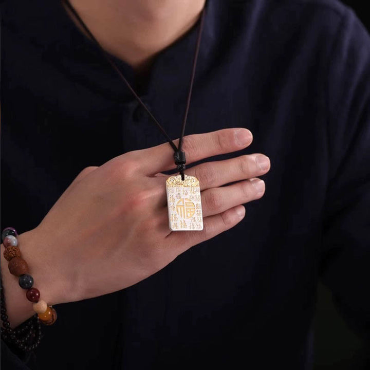 Buddha Stones Silver Plated Copper Fu Character Auspicious Clouds Luck Fortune Rope Necklace Pendant - image 4