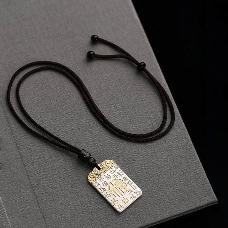 Buddha Stones Silver Plated Copper Fu Character Auspicious Clouds Luck Fortune Rope Necklace Pendant - image 3