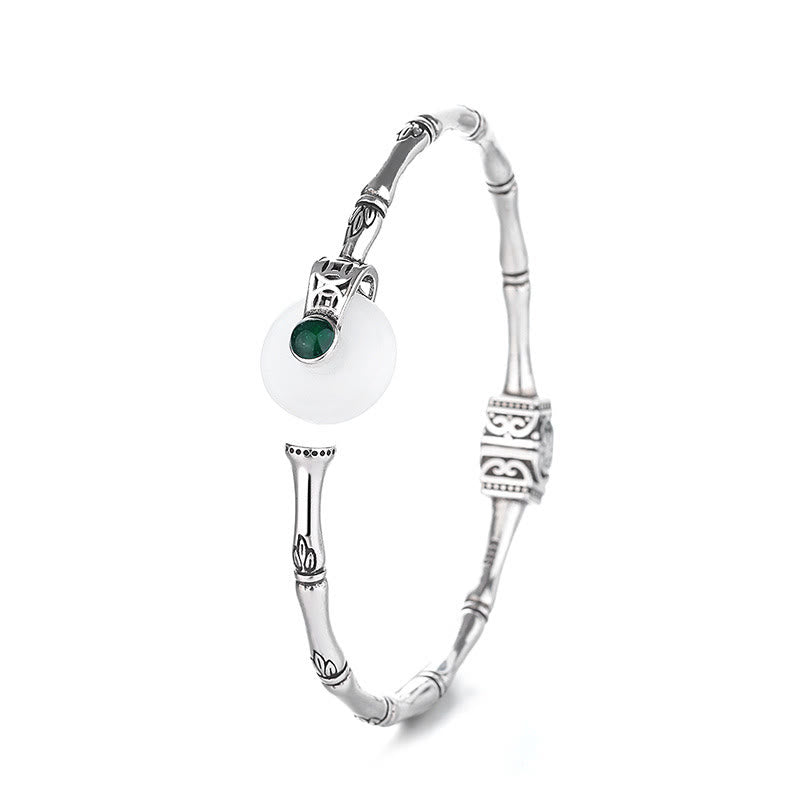 Buddha Stones White Jade Peace Buckle Bamboo Design Luck Copper Cuff Bracelet Bangle - image 5