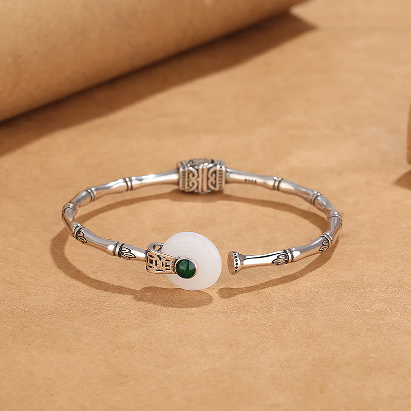 Buddha Stones White Jade Peace Buckle Bamboo Design Luck Copper Cuff Bracelet Bangle - image 1