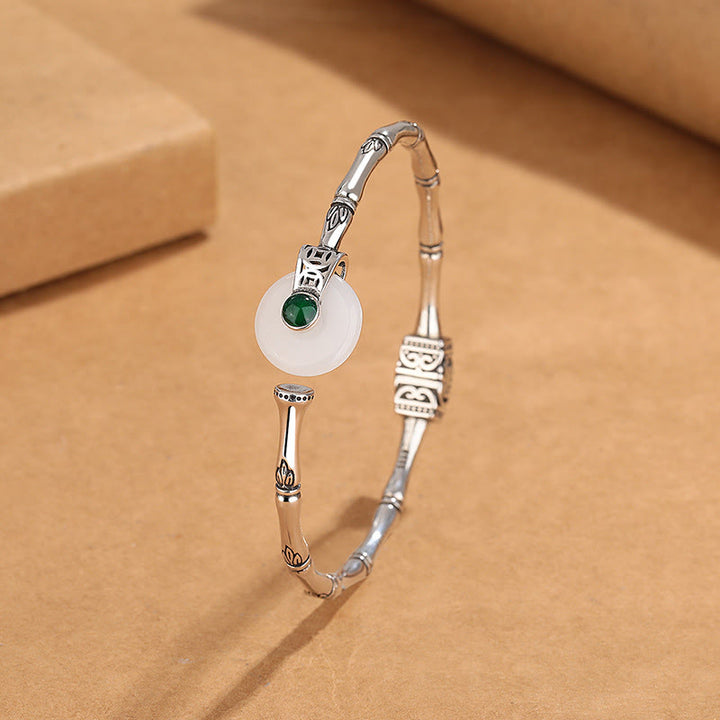 Buddha Stones White Jade Peace Buckle Bamboo Design Luck Copper Cuff Bracelet Bangle - image 2
