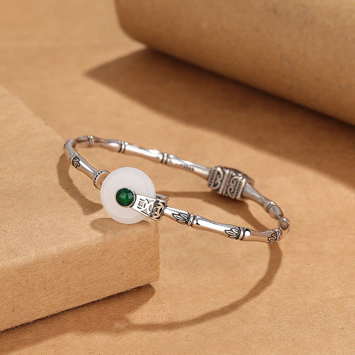 Buddha Stones White Jade Peace Buckle Bamboo Design Luck Copper Cuff Bracelet Bangle - White Jade(Protection♥Happiness)(Wrist Circumference: 14-16cm) - image 0