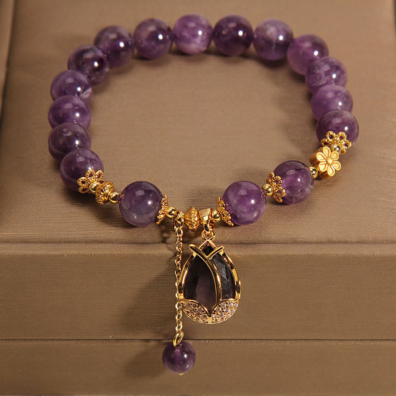 Buddha Stones Amethyst Lily Charm Balance Healing Bracelet - image 1
