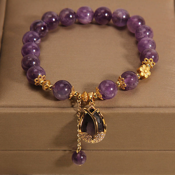 Buddha Stones Amethyst Lily Charm Balance Healing Bracelet - image 1
