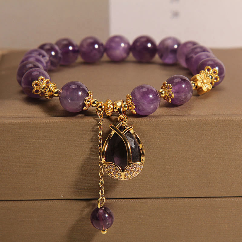 Buddha Stones Amethyst Lily Charm Balance Healing Bracelet - Amethyst(Wrist Circumference: 14-17cm) - image 0