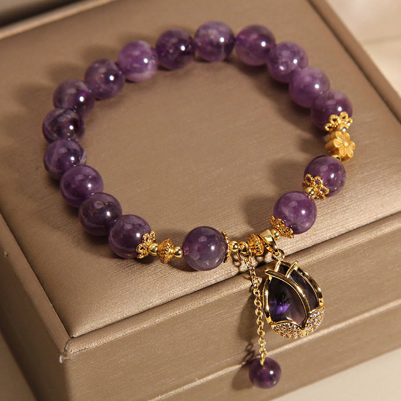 Buddha Stones Amethyst Lily Charm Balance Healing Bracelet - image 2