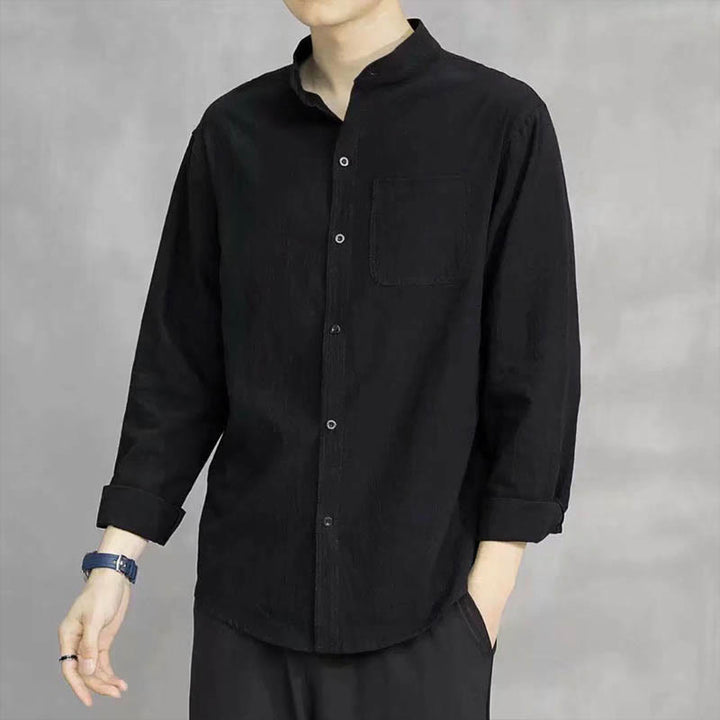 Buddha Stones Men's Long Sleeve Shirt With Pocket Stand Collar Comfort Linen Shirt - Black - US/UK/AU46，EU56 (5XL) - image 15