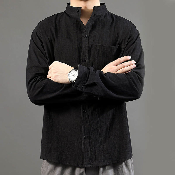 Buddha Stones Men's Long Sleeve Shirt With Pocket Stand Collar Comfort Linen Shirt - image 17