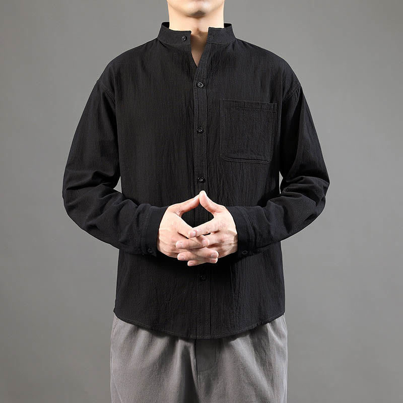Buddha Stones Men's Long Sleeve Shirt With Pocket Stand Collar Comfort Linen Shirt - image 16