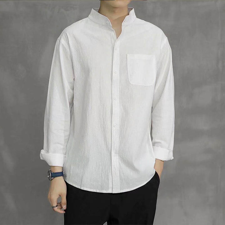 Buddha Stones Men's Long Sleeve Shirt With Pocket Stand Collar Comfort Linen Shirt - image 13