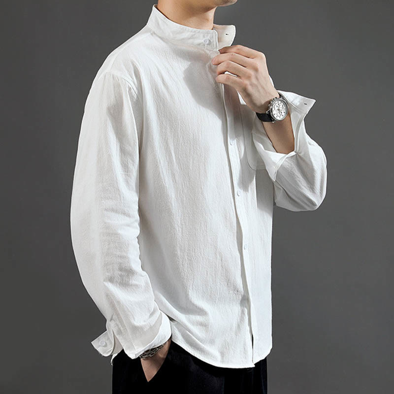 Buddha Stones Men's Long Sleeve Shirt With Pocket Stand Collar Comfort Linen Shirt - image 14