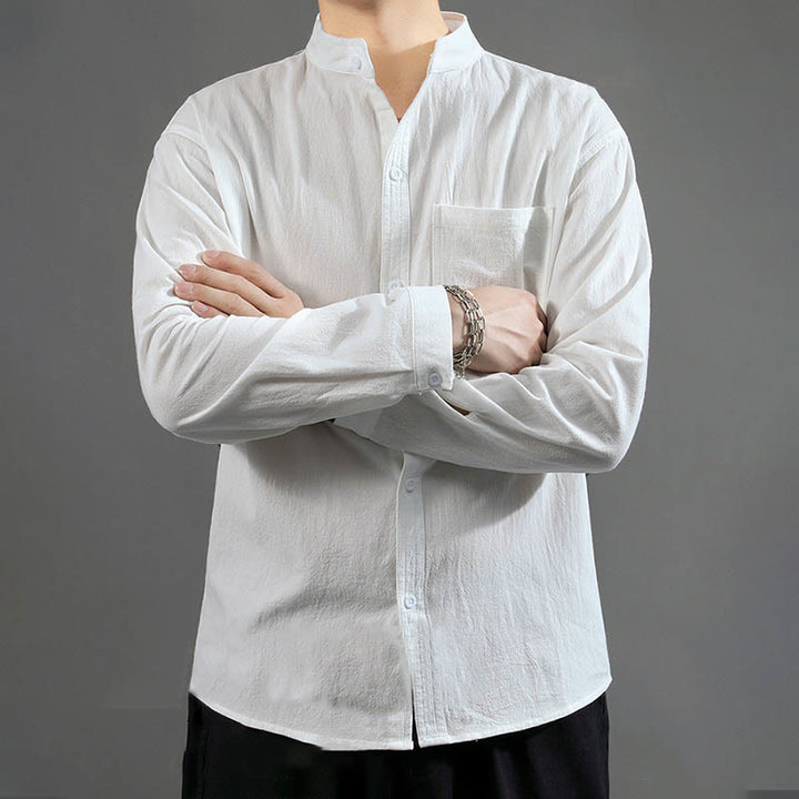 Buddha Stones Men's Long Sleeve Shirt With Pocket Stand Collar Comfort Linen Shirt - image 12
