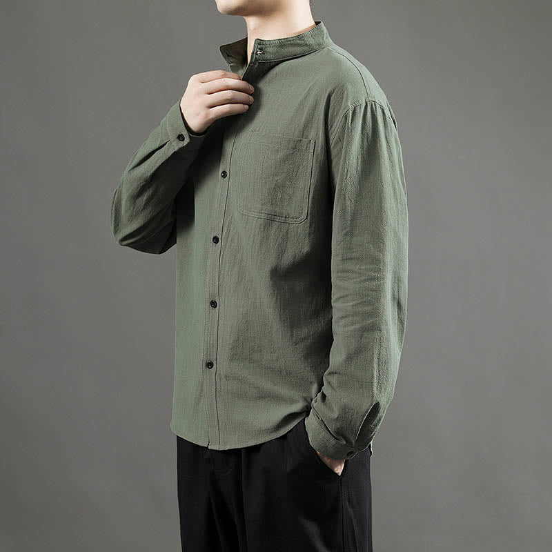 Buddha Stones Men's Long Sleeve Shirt With Pocket Stand Collar Comfort Linen Shirt - image 5
