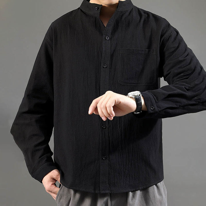 Buddha Stones Men's Long Sleeve Shirt With Pocket Stand Collar Comfort Linen Shirt - image 19