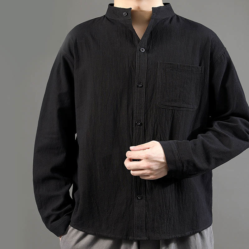 Buddha Stones Men's Long Sleeve Shirt With Pocket Stand Collar Comfort Linen Shirt - image 18