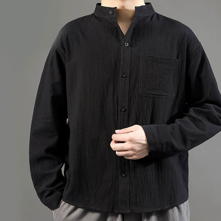 Buddha Stones Men's Long Sleeve Shirt With Pocket Stand Collar Comfort Linen Shirt - image 18