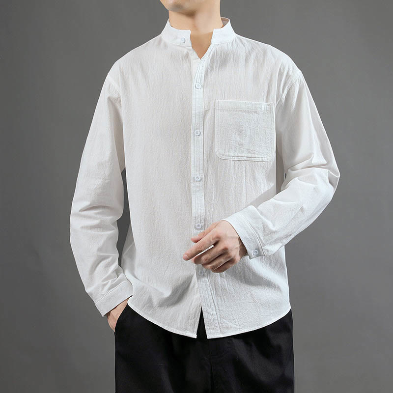 Buddha Stones Men's Long Sleeve Shirt With Pocket Stand Collar Comfort Linen Shirt - White - US/UK/AU46，EU56 (5XL) - image 9