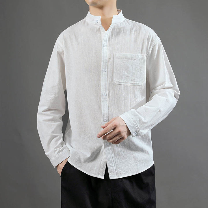 Buddha Stones Men's Long Sleeve Shirt With Pocket Stand Collar Comfort Linen Shirt - White - US/UK/AU46，EU56 (5XL) - image 9
